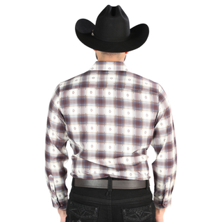  Back view of El General Men's Beige and Burgundy plaid Western button-down shirt 