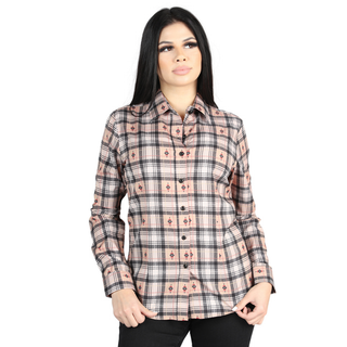 Front view of El General kids’ beige and black plaid Western button-down shirt 
