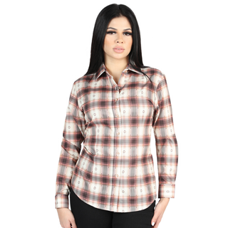 Front view of El General Women's  Orange and Beige plaid Western button-down shirt 