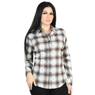 Front view of El General women’s brown and light Sand plaid Western button-down shirt on model