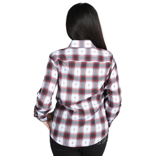 Back view of El General Women's Blue and Black plaid Western button-down shirt 