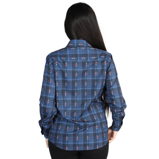 Back view of El General Women's Blue and Black plaid Western button-down shirt 