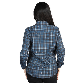 Back view of El General Women's Navy and White plaid Western button-down shirt 