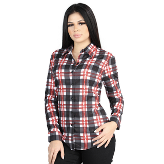 Front view of El General Women's White and Red plaid Western button-down shirt 
