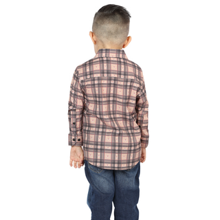 Back view of El General kids’ Beige and Black plaid Western button-down shirt on young boy