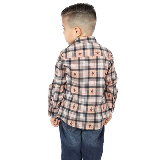 Back view of El General kids’ beige and black plaid Western button-down shirt on young boy