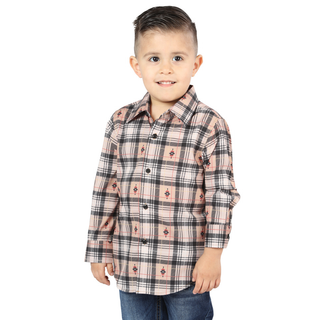 Front view of El General kids’ beige and black plaid Western button-down shirt on young boy