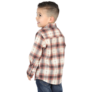 Back view of El General kids’  Orange and Beige plaid Western button-down shirt on young boy