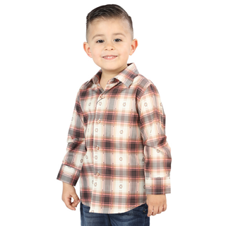  Front view of El General kids’  Orange and Beige plaid Western button-down shirt on young boy