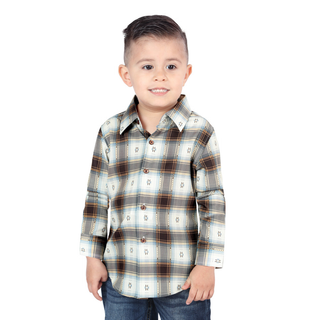 Front view of El General kids’ brown and Sand plaid Western button-down shirt on young boy