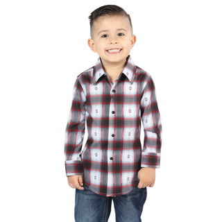  Front view of El General kids’  Black and Red plaid Western button-down shirt on young boy