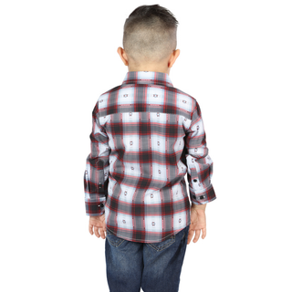  Back view of El General kids’  Black and Red plaid Western button-down shirt on young boy