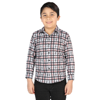 Front view of El General kids’ Black and white plaid Western button-down shirt on young boy