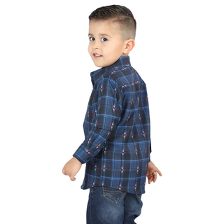 Back view of El General kids’  Blue and Black plaid Western button-down shirt on young boy