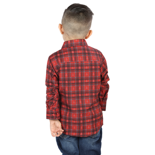 Back view of El General kids’  Red plaid Western button-down shirt on young boy