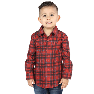 Front view of El General kids’  Red plaid Western button-down shirt on young boy