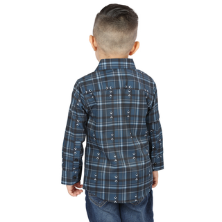 Back view of El General kids’  Navy and Gray plaid Western button-down shirt on young boy