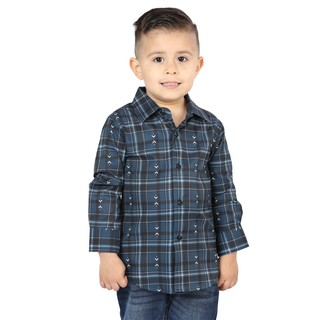 Front view of El General kids’  Navy and Gray plaid Western button-down shirt on young boy
