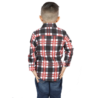 Back view of El General kids’ white and red plaid Western button-down shirt on young boy