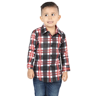 front view of El General kids’ white and red plaid Western button-down shirt on young boy