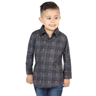Front view of El General kids’ Gray plaid Western button-down shirt on young boy