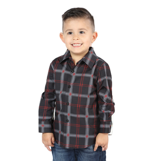 Front view of El General kids’ Black and gray plaid Western button-down shirt on young boy