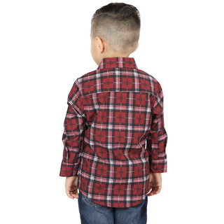 Back view of El General kids’ Red and Black plaid Western button-down shirt on young boy