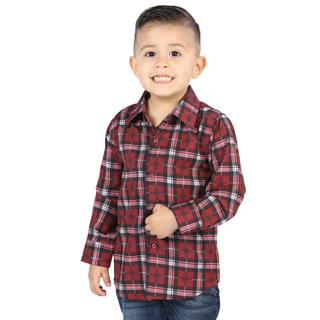 Front view of El General kids’ Red and Black plaid Western button-down shirt on young boy
