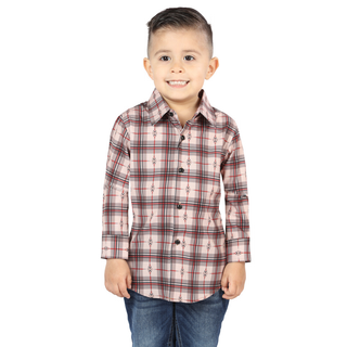Front view of El General kids’ Beige and Red plaid Western button-down shirt on young boy