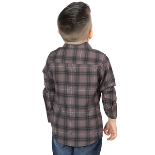 Back view of El General kids’  Mocha and Olive plaid Western button-down shirt on young boy