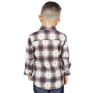 Back view of El General kids’ Beige and Burgundy plaid Western button-down shirt on young boy