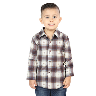 Front view of El General kids’ Beige and Burgundy plaid Western button-down shirt on young boy