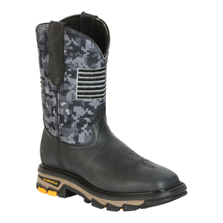 Black work boot with digital camouflage pattern 