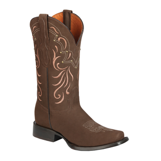 Brown cowboy boot with intricate stitching 