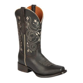 Brown cowboy boot with intricate beige embroidery 