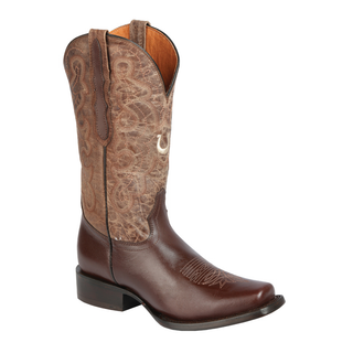 Brown cowboy boot with intricate pattern