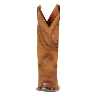 Brown cowboy boot with decorative stitching 