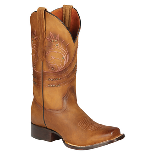 Brown cowboy boot with intricate stitching 