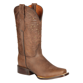 Brown cowboy boot with intricate stitching 