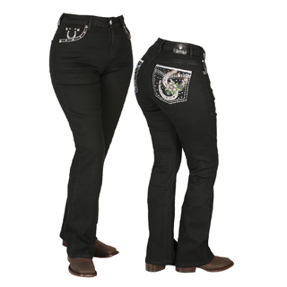 Front and Back view of Centenario women’s black bootcut jeans showing embroidered rhinestone pocket design