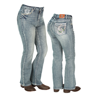 Centenario Women’s Western Bootcut Jeans – front view with floral and horseshoe embroidery on pockets