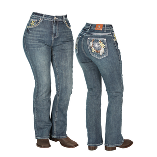 “Centenario Women’s Western Bootcut Jeans – front view with floral embroidery on pockets