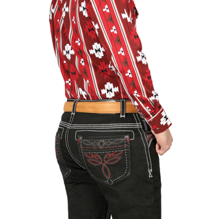 Centenario Men’s Slim Bootcut Jeans in Black Denim with White  and red Contrast Stitching – Western Style