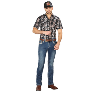 “Centenario Men’s Western Bootcut Jeans in indigo wash – front view with cowboy boots”