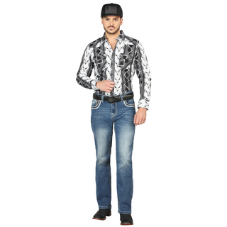 Centenario Men’s Western Bootcut Jeans in indigo wash – front view with cowboy boots