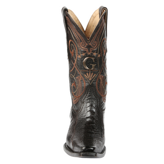 Black ostrich cowboy boot with brown embroidery and 'G' logo