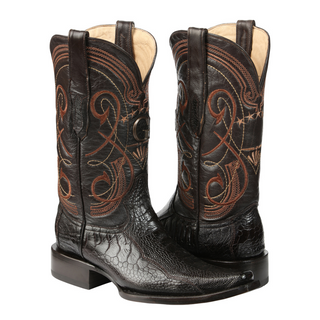 Pair of brown cowboy boots with intricate brown embroidery