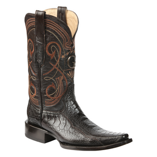 Brown cowboy boot with intricate design 