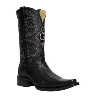 Black cowboy boot with intricate embossing 