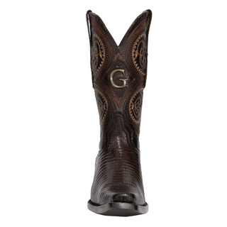Brown cowboy boot with decorative patterns and a 'G' logo 